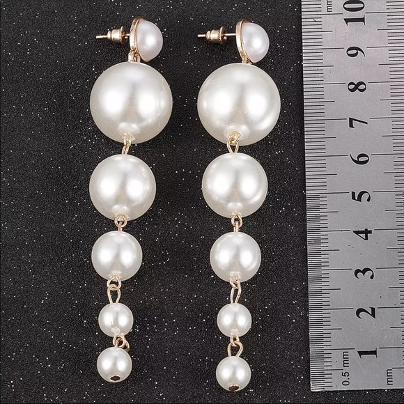 Simulated Pearl Long Created Pearls Earrings - Picture 2 of 3